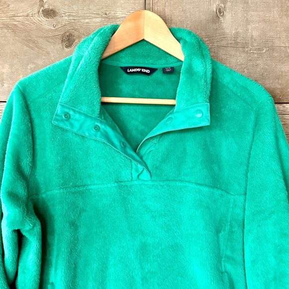 EUC Lands' End Soft Teddy Fleece L Petite Teal Green 1/4 Snap Pullover Pockets - Picture 2 of 10